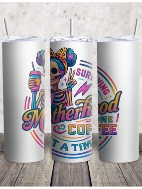Hand Crafted White Tumbler with Colorful Skeleton Design